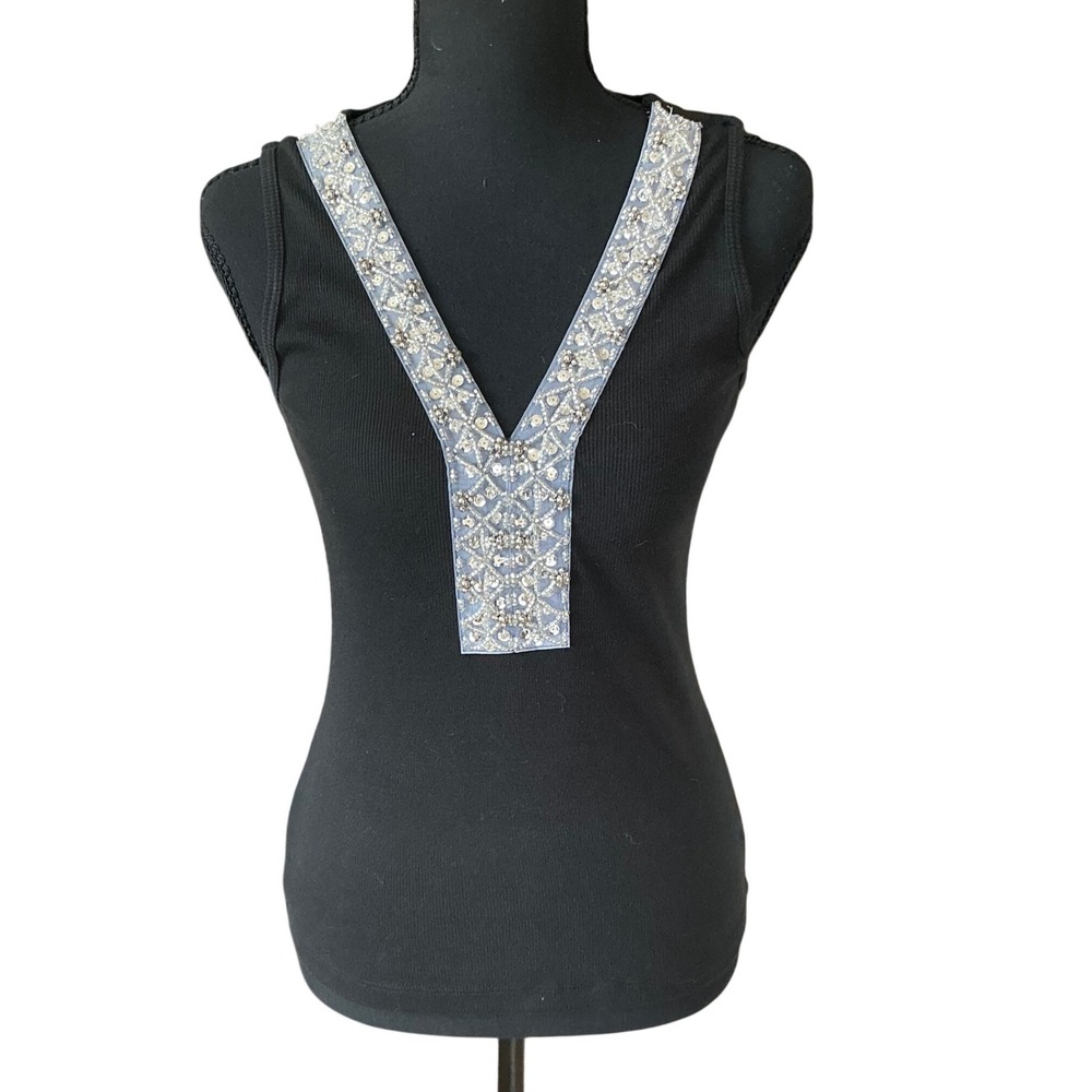 Vintage Express Y2K Black Ribbed Tank Top Silver Sequins Going Out Top Small‎